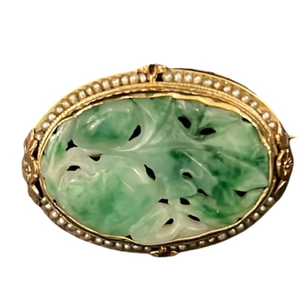 Antique Art Deco Gold Apple Jade Floral Cherry Blossom Pearl Lined Cameo Brooch - Picture 3 of 16